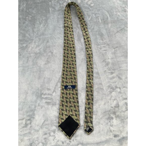 Stafford Mens Neck Tie Green Brown Geometric Print 100% Silk Made in USA - Picture 5 of 11